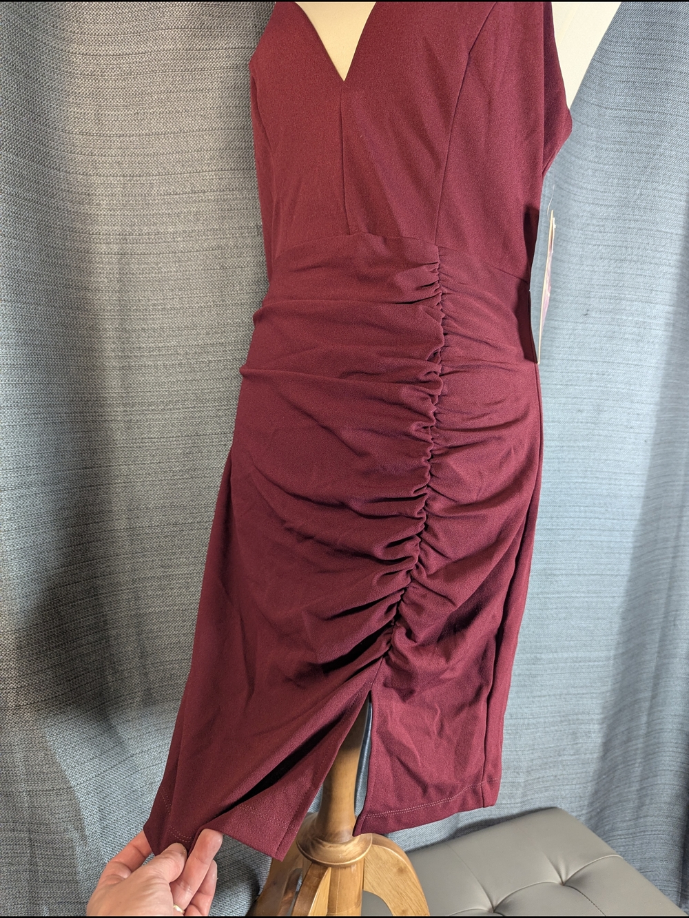 Emerald Sundae Ruched V-Neck Midi Dress — Burgundy